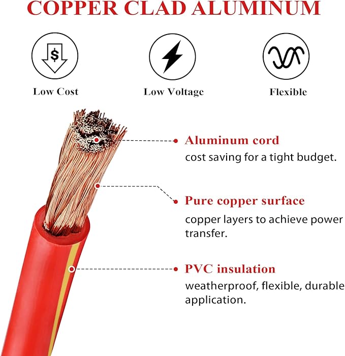 2 Gauge Battery Welding Cable (Red, 2 Feet) - 2 AWG Copper Clad Aluminum Power Wire with M8 & M10 Copper Cable Lug Ends for Auto, Camper, RV, Truck, Solar Low Voltage Wiring
