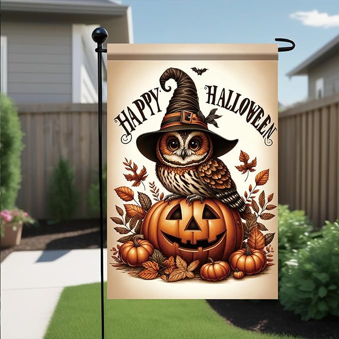 12 x 18 Inch Halloween Garden Flag Owl Pumpkin Witch Hat Outdoor Yard Decoration Double Sided Happy Halloween Banner for Outside Decorations Garden Yard Autumn Harvest Holiday Theme