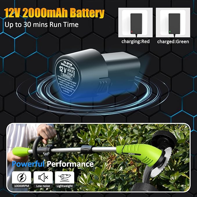 Electric Weed Wacker Cordless： String Trimmer with Roller 2Types Blades - 2.0Ah 12V Battery Powered Lightweight Grass Cutter/Mower for Yard and Garden, Green