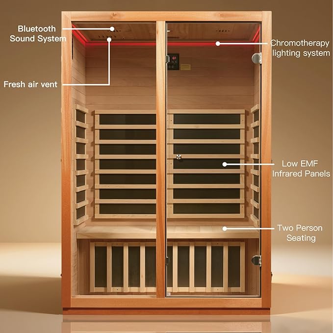 2 Person Infrared Sauna for Home, Low EMF Heater Panels & Chromotherapy Lighting, 1760W/120V, Perfect for Personal Home Sauna for Relaxation and Spa Wellness, 51.18" x 35.43" x 74.8"