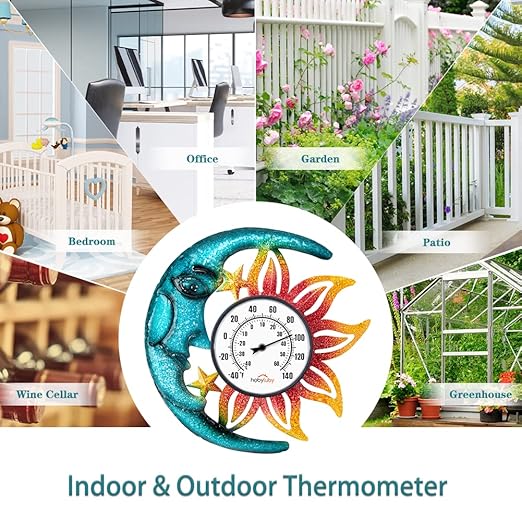 Indoor Outdoor Thermometer, Sun-Moon Wall-Mounted Thermometer Waterproof for Patio Garden Yard & Living Room, No Battery Needed