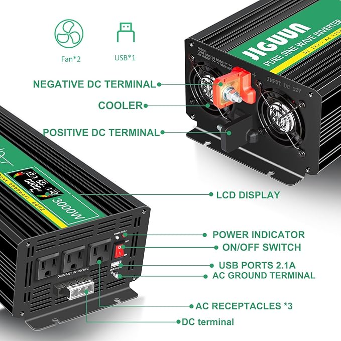 Pure Sine Wave Inverter,3000W 12V to 110V Power Inverter Converter,USB Output LCD Display for Household Home Car RV Camping Use W/Protective Cap