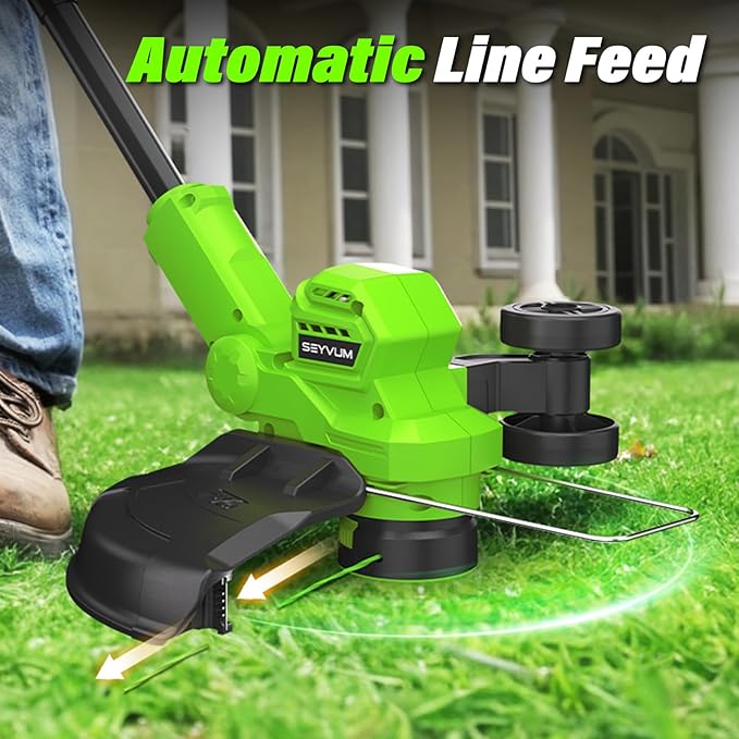 SEYVUM String Trimmer, 20V 12-inch Cordless Weed Wacker with Auto Line Feed, 2 X 2.0Ah Battery Powered Lawn Edger with 8 Pcs Grass Cutter Spool Line, Fast Charger Included, Green