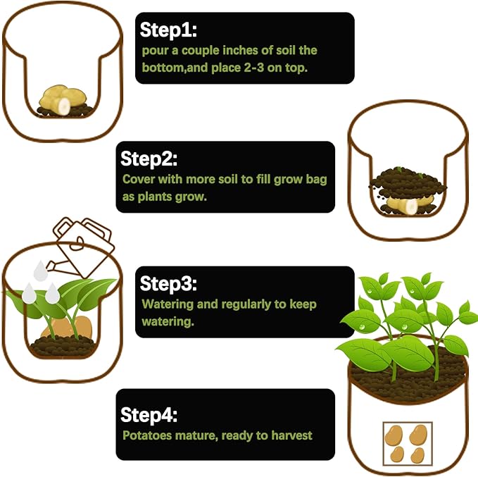 TCBWFY 4 Pack Potato Grow Bags with 2 Flaps 15 Gallon,Heavy Duty 14oz/yd² Planter Pot with Sturdy Handles and 2 Harvest Windows for Potato Tomato and Vegetables
