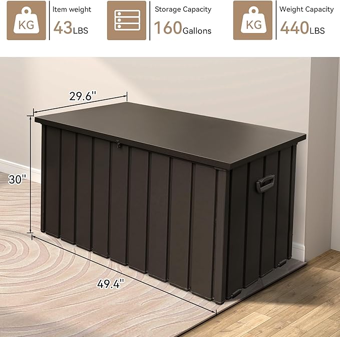 Metal Outdoor Storage Box,160 Gallon Waterproof Large Deck Box, Lockable Heavy Duty Home and Outside Storage Cabinet/Bin Container for Patio/Poolside/Backyard Cushions, Pillow -Brown