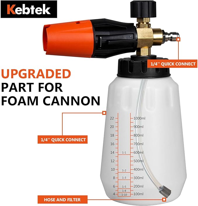 Kebtek Foam Cannon with Pressure Washer Gun 5200 PSI, Car Wash Foam Gun with Pressure Washer Quick Connect Kit and 5 Nozzle Tips, M22 and 1/4 Inch Quick Connect, 1Liter