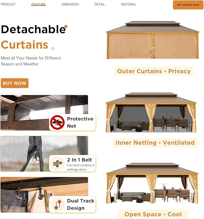 YOLENY 14' x 22' Hardtop Gazebo Wood-Looking Aluminum Frame Pergola with Galvanized Steel Double Roof, Outdoor Permanent Metal Pavilion with Netting and Curtains for Lawns，Deck and Backyard