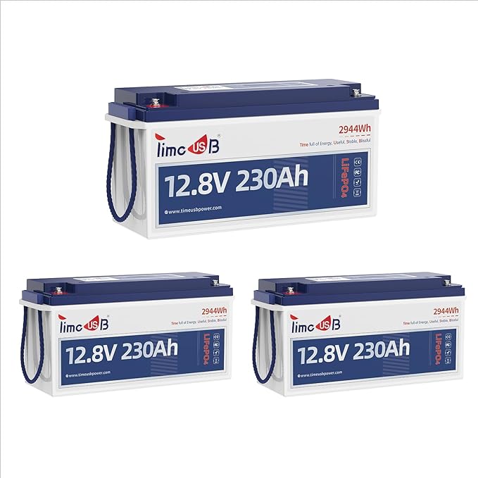 Timeusb 3 Pack 12V 230Ah LiFePO4 Battery, Built-in 150A BMS, Max. 1920W Power Output & 2944Wh Energy Lithium Battery, 15000 Cycles for Your RVs, Solar System, Off-Grid, Camper, etc