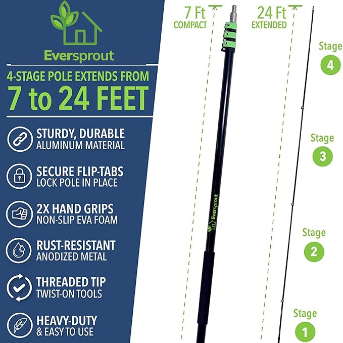 EVERSPROUT Never-Scratch SnowBuster and Ice Scraper 7-to-24 Foot (Up to 30 Ft Standing Reach) | Pre Assembled Extendable Roof Rake for Snow Removal | Heavy-Duty Aluminum, Soft Foam Pad
