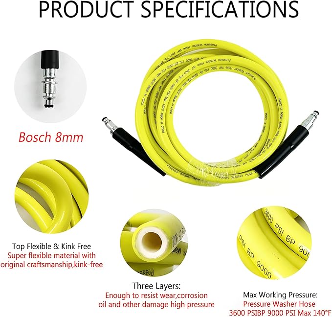 5800PSI/400Bar Ultra Flexible Pressure Washer Hose for Bosch Home Cleaning, 5M-30M High Pressure Extension Tube with Quick-Connect Adapter,(Red/Blue/Yellow/Green/Grey/Orange/Light Blue)(Yellow,95FT)