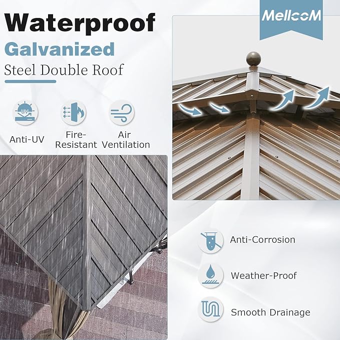 MELLCOM 10'x13' Hardtop Gazebo Double Roof Galvanized Steel Canopy with Aluminum Frame, Permanent Metal Pavilion with Netting and Curtains for Patio, Gardens and Lawns