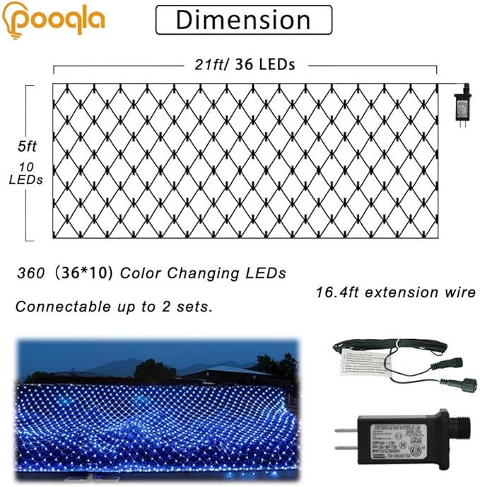 Blue Net Lights, 360 LED Christmas Net Lights Outdoor, 21ft x 5ft Large Net Mesh String Lights, 8 Modes Twinkle String Lights Connectable Plug in for Bushes Halloween Hedge Yard Garden Party Decor