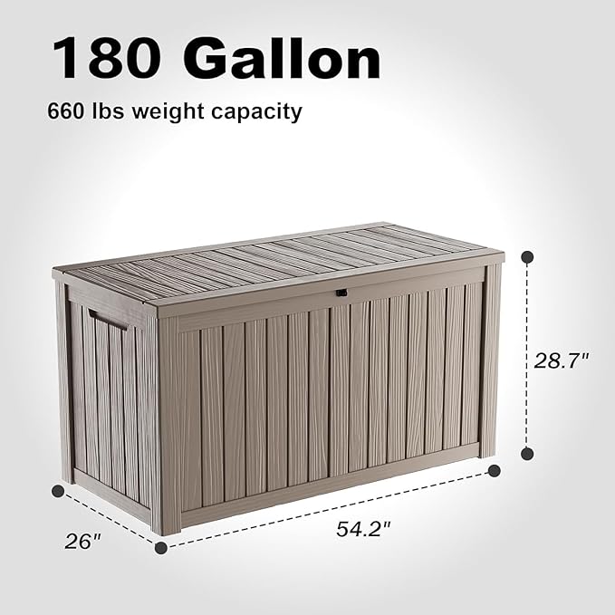 Vixzen 180 Gallon Resin Deck Box, Lockable Outdoor Storage Box for Patio Cushions Storage Furniture,Garden Tools, Pool Supplies, Weatherproof and UV Resistant- Light Brown