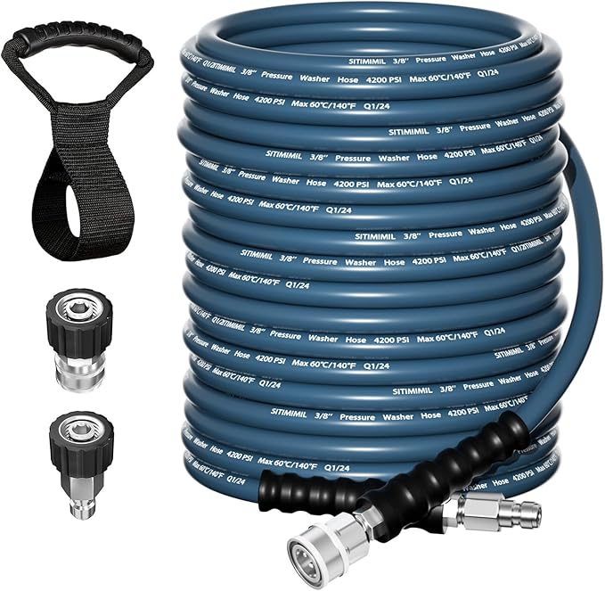 150 FT Pressure Washer Hose 3/8'' - Kink Resistant Steel Wire Braided, Wear Resistant, 3/8" Stainless Steel Quick Connect, with M22 14mm Adapter Set, Hot and Cold Water Power Washer Hose, 4200 PSI