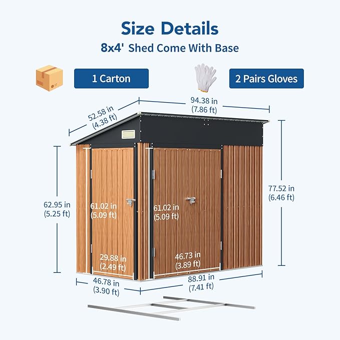 8x4 Ft Outdoor Metal Shed, Storage Shed with Floor & Triple Lockable Doors, Front & Side Door for Easy Access, Large Garden Tool Shed for Backyard, Patio, Lawn & Utility Storage