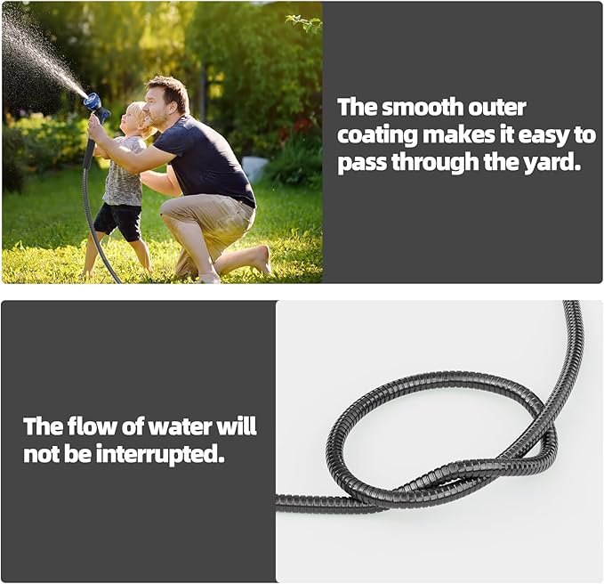 SPECILITE 75ft 304 Stainless Steel Garden Hose Metal, Heavy Duty Water Pipe with Nozzles for Yard, Outdoor - Flexible, Never Kink & Tangle, Puncture Resistant (Black)