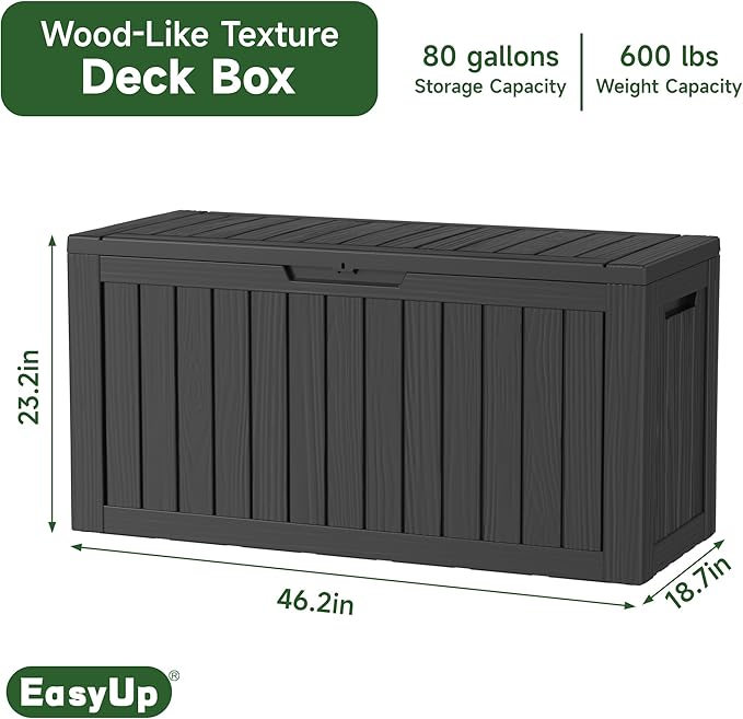 EasyUp 80 Gallon Outdoor Storage Box Waterproof, UV Resistant Resin Deck Box with Hydraulic Rod, Reinforced Stability for Patio, Garden, Striped Black