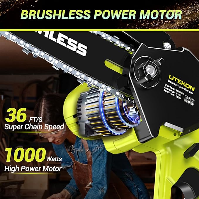 Brushless Mini Chainsaw with 1000W High Power Motor, 36 FT/S 6Inch Cordless Power Chainsaw with Auto-Oil System, 2025 Upgraded 20V Electric Chain Saw with 2x2000mAh Battery & Quick Charger, 3 Chains