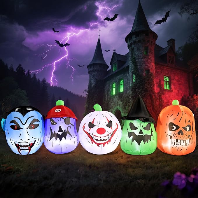 DomKom Halloween Inflatable Blow Up Decorations, 8FT Vampire Pirate Clown Witch and Spooky Pumpkin Giant Head, Built-in LEDs for Halloween Party, Garden, Lawn, Yard Décor