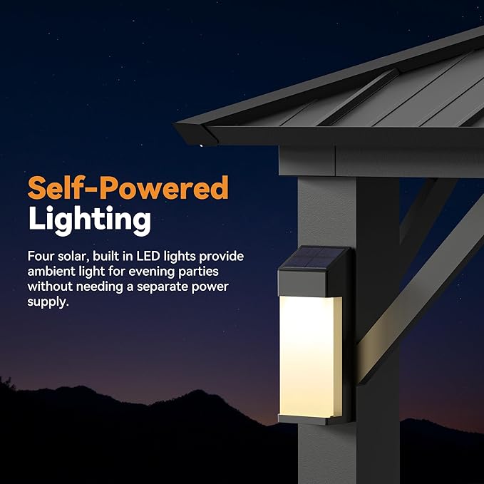 Modern Shade The Horizon Hardtop Gazebo 10' x 12' with 4 LED Lights, Permanent Outdoor Gazebo with Galvanized Steel Double Roof, Grill Pavilion with Decor Hooks, Mosquito Nettings, Black