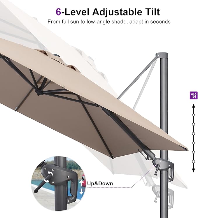 PURPLE LEAF 8' X 10' Swivel Outdoor Patio Aluminum Umbrella with Base Left-right Tilting Cantilever Offset Umbrella with UV Resistant Heavy Duty Fabric for Deck Pool Patio Backyard, Sand Dune
