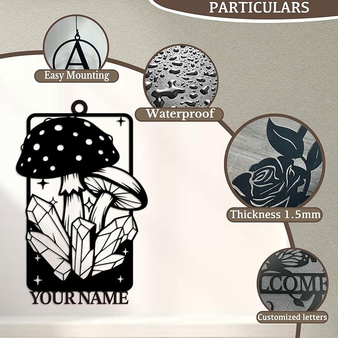 Personalized Customize Name Fantasy Mushroom Wonderland Wind Chime, Metal Iron 37 Inch Outdoor Memorial Gift for Garden Yard Patio Home Decor, Black (Style J)
