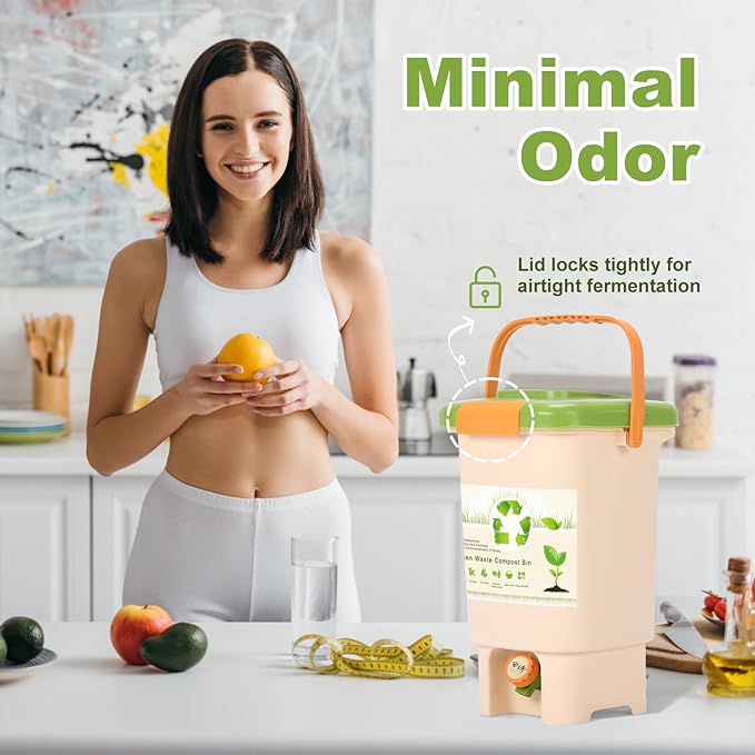 Compost Bin Outdoor, 15L Garden Composting Bin Bags, Breathable Screen Window Reusable Garden Yard Waste Bags Speed Up Composting & Reduce Odors, Indoor Small Kitchen Compost Bin with Lid, Beige