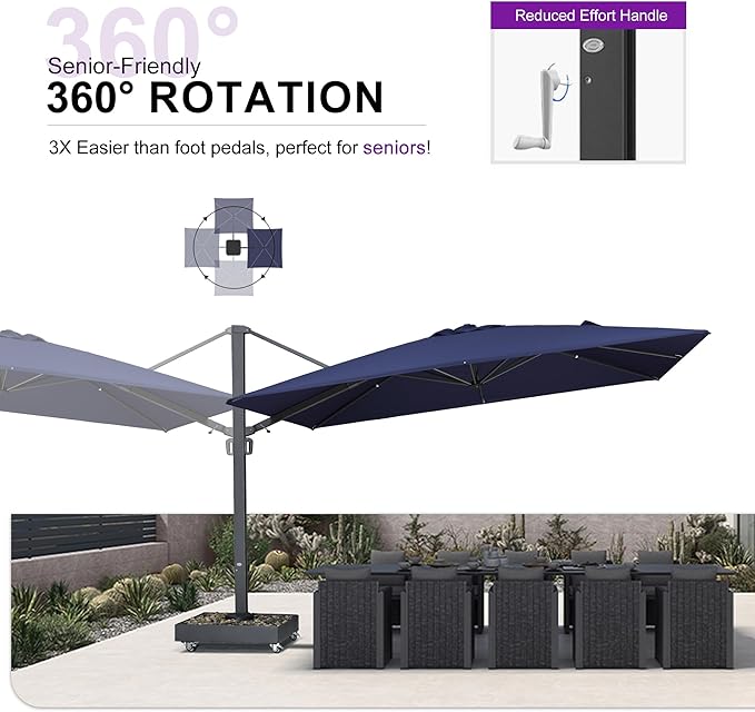 PURPLE LEAF 13' X 10' Rectangle Patio Umbrella Large Outdoor Aluminum Offset Umbrella with 360-degree Rotation Cantilever Umbrella with Base Included for Garden Deck Backyard Pool Navy Blue