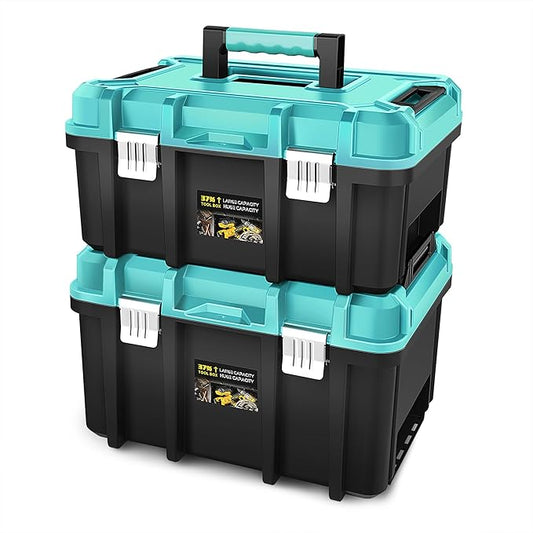 ‎DNA MOTORING 2pcs Tool Boxes Set - Lockable Organizer Storage Portable Toolbox with Removable Tray for Workshop Garage & Household, Large Capacity, TOOLS-00310-TB