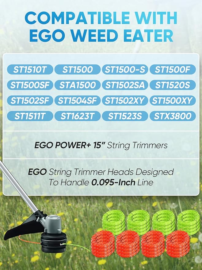 16 Pack AL2420PD Replacement Twisted Trimmer Line Compatible with All EGO 15-Inch String Trimmers Weed Eater, Dual Color Pre-Cut 0.095" 224Ft Weed Wacker String line for EGO Trimmers String