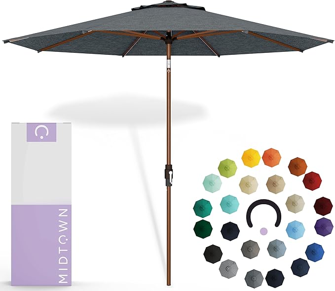 Midtown Umbrellas Sunbrella Umbrella Outdoor Patio Umbrella 2-9 Feet in Cast Slate Acrylic Fabric, Auto-Tilt Aluminum Frame For Backyard Umbrella, Deck Umbrella & Porch Umbrella - Wooden Pole