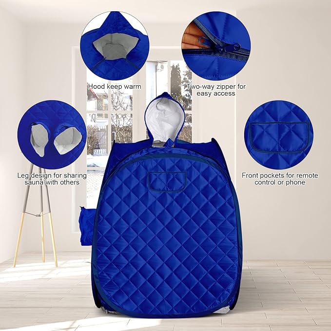 ZONEMEL Portable Steam Sauna Kit for 1 Person or 2 Person Full Body Home Sauna Spa, Leg Detox Relaxation, 2L Steam Pot, Remote Control (Blue, L 33.5”x W 32.3”x H 41.7”)