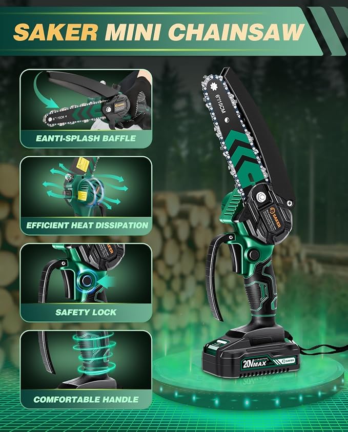 Saker Mini Chainsaw with Auto Oiler|6 Inch Chainsaws[2025 Upgraded]|Mini Cordless Electric Chain Saw|Small Handheld Portable Chainsaw Battery Powered for Tree Trimmer and Garden 1 Battery+2 Chains