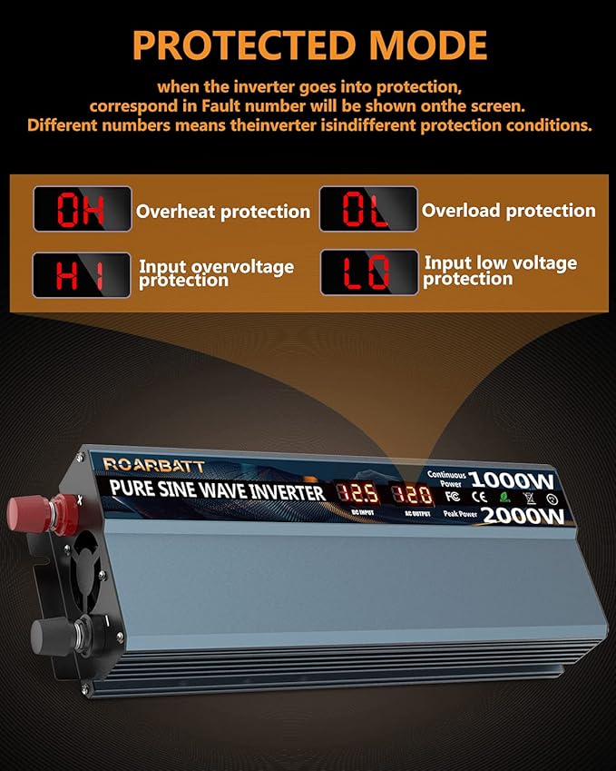 1000W Pure Sine Wave Power Inverter 12V DC to AC 110V 120V Peak Power 2000W with 2 AC Outlets Car Inverter and Dual 3.4A USB Port Cooling Fans and LCD Display for Inverter Home RV Car Solar System