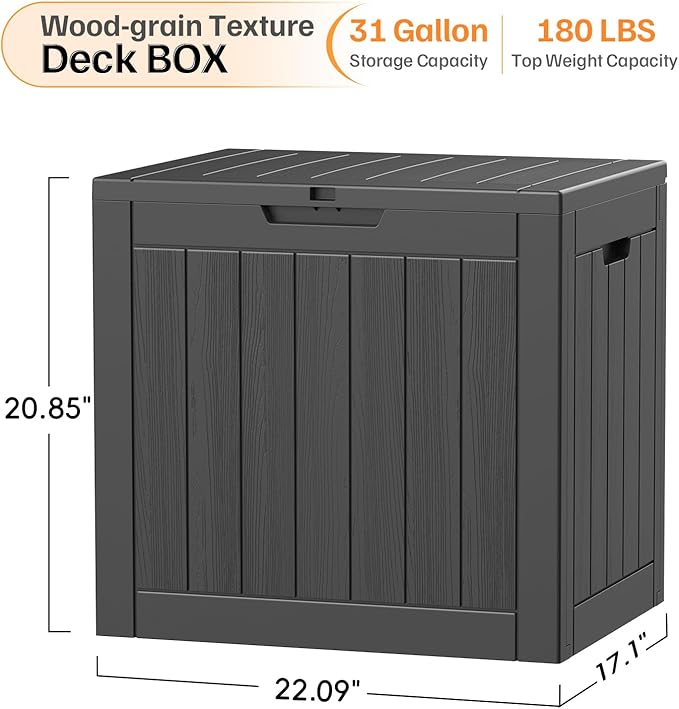 31 Gallon Deck Box, Small Outdoor Storage Box Waterproof, UV-Resistant and Weatherproof Outside Resin Storage Bin for Outdoor Patio Furniture Pillows, Pool Supplies, Garden Tools, Black
