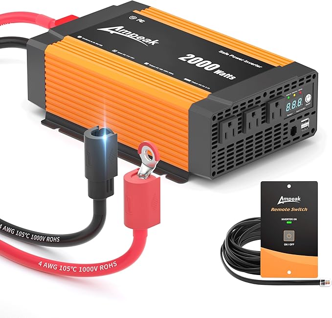 Ampeak 2000W Power Inverter with Anti-Spark Waterproof Cable Conversion Efficiency 89.37% Car Inverter 12V to 110V 3AC Outlets Dual 5V/3.1A USB Ports Modified Sine DC to AC Inverter for Vehicles