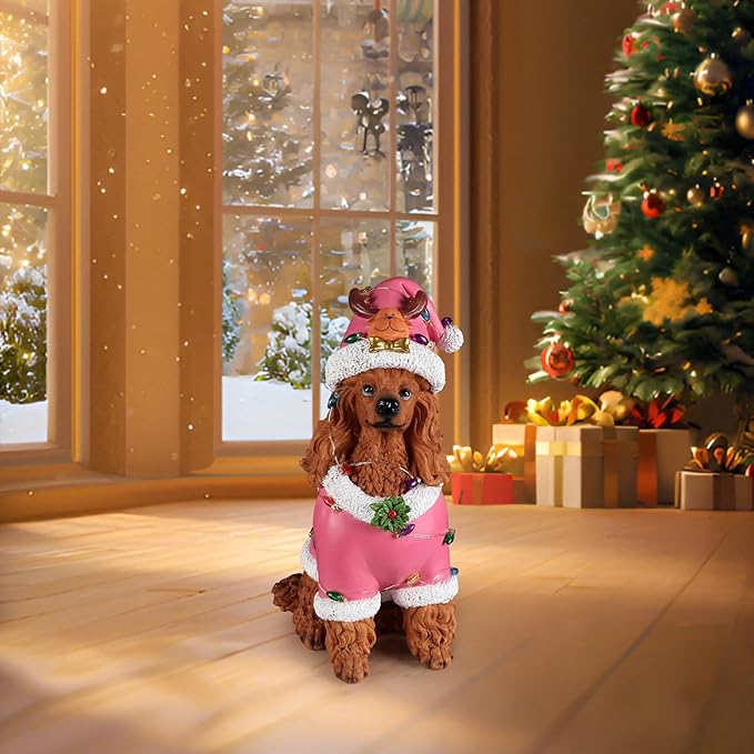 Christmas Decorations Outdoor Dog Statue, Resin Poodle Dog Sculpture with Pink Christmas Santa Outfit & Lights, Battery Operated Indoor Holiday Décor Gift for mom