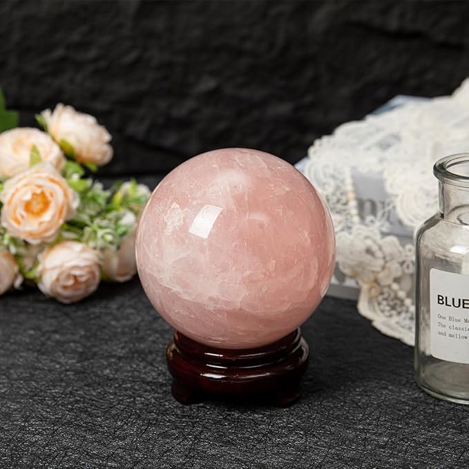 Large Rose Quartz Crystal Sphere Natural Pink Healing Crystal Ball with Stand Meditation Decorative Balls Home Decor 90-100mm/3.5-3.9"