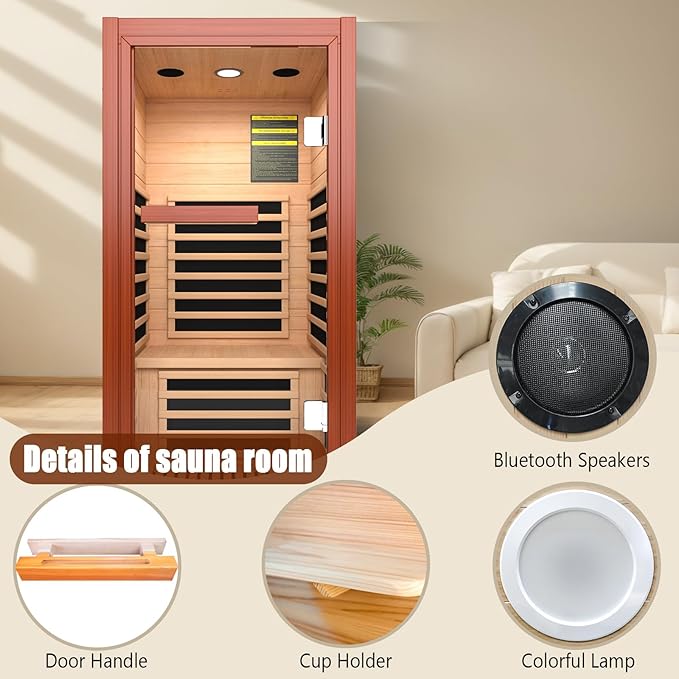 Far Infrared Home Sauna for 1 Person, 1065W 110V Indoor Spa Room, Wooden Dry Sauna with Red Light Therapy, Bluetooth Speaker, 31.5"x31.5"x63"