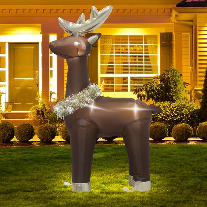 3.5 Feet Inflatable Deer Outdoor Decorations with LED Lights, Blow up Christmas Reindeer for Indoor Outdoor Decorations, Cute Shape with Gold Collar, Easter Inflatable Reindeer Decoration