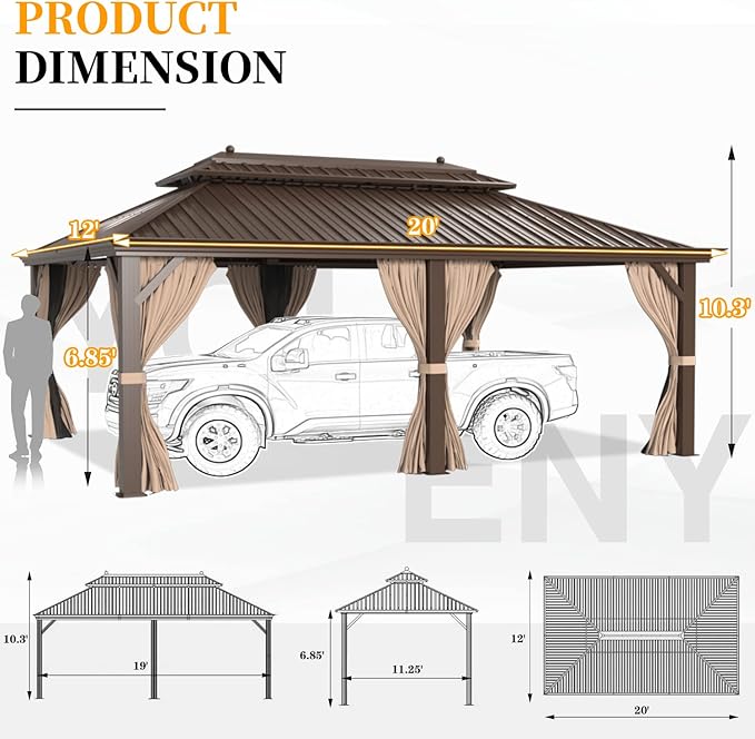 YOLENY 12'x20' Hardtop Gazebo with Galvanized Steel Double Roof, Pergolas Aluminum Frame, Netting and Curtains Included, Metal Outdoor Gazebos for Garden, Patios, Lawns, Parties