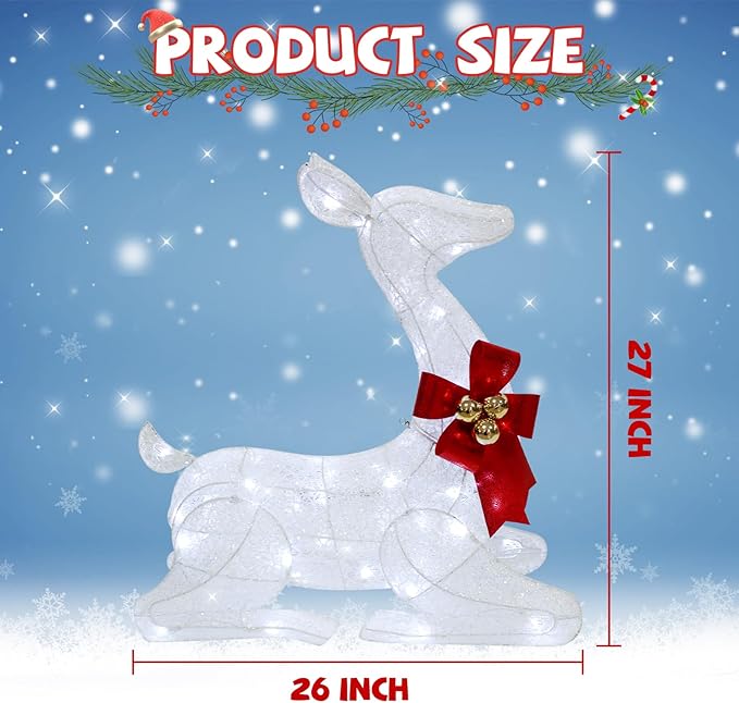 27" Christmas Deer Outdoor Decoration with Lights,3D Lighted-up Xmas White Reindeer with Red Bow and Bell Christmas Ornament,Kneeling Deer Perfect for Lawn Porch Indoor Outdoor Holiday Decor
