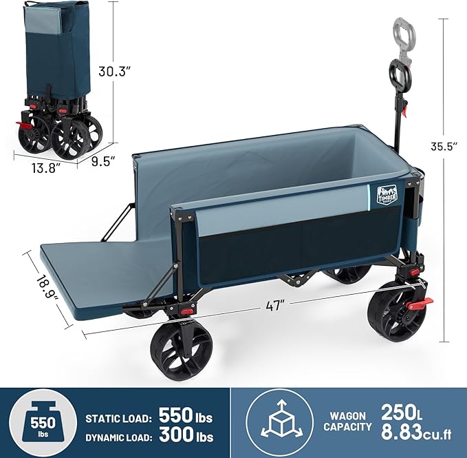 Timber Ridge 47" L Collapsible Wagon with Tailgate & Brake, 550lbs Heavy Duty Beach Wagon with All-Terrain Big Wheels, 250L Foldable Utility Cart for Sand Camping Sports Shopping, Blue