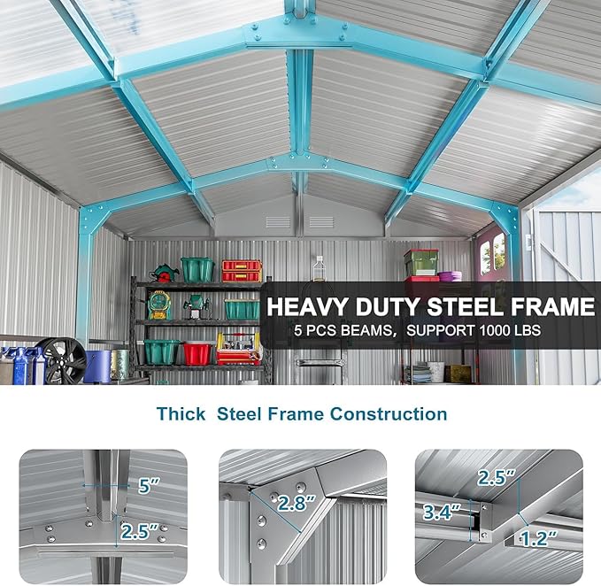 10x12 FT Metal Outdoor Storage Shed with Base Frame, Reinforced Frame Heavy Duty Large Waterproof Garden Tool Sheds with Unique Skylight Windows Air Vent for Patio Yard，Dark Grey