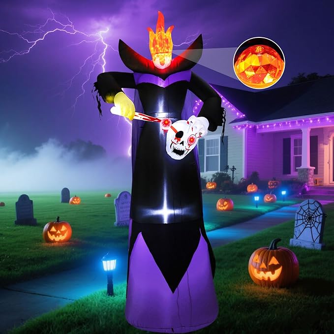 12FT Scary Halloween Inflatables Headless Killer Outdoor Decorations Grim Reaper Holding Skull Dig Out Eyeballs with Flame Light Giant Ghost Blow Up Yard Decoration for Party Garden Lawn Decor