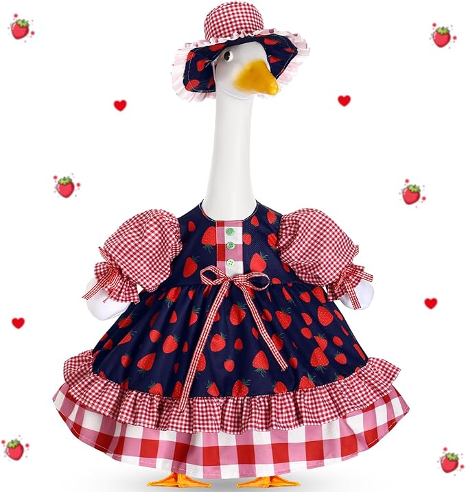 Lolita Goose Outfit Set for 23'' H Plastic Porch Cement Statue Cute Lolita Skirt Fall Spring Summer Goose Costume for Indoor Outdoor Yard Lawn Patio Art Decor(Strawberry)
