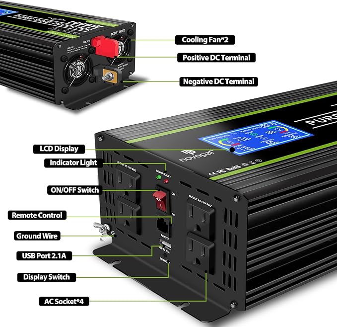 Novopal 1000 Watt Pure Sine Wave Power Inverter 12V DC to 110V/120V AC Converter- 4 AC Outlets Car Inverter with 1 USB Port-16.4 feet Remote Control,Two Cooling Fans and LCD Display Black