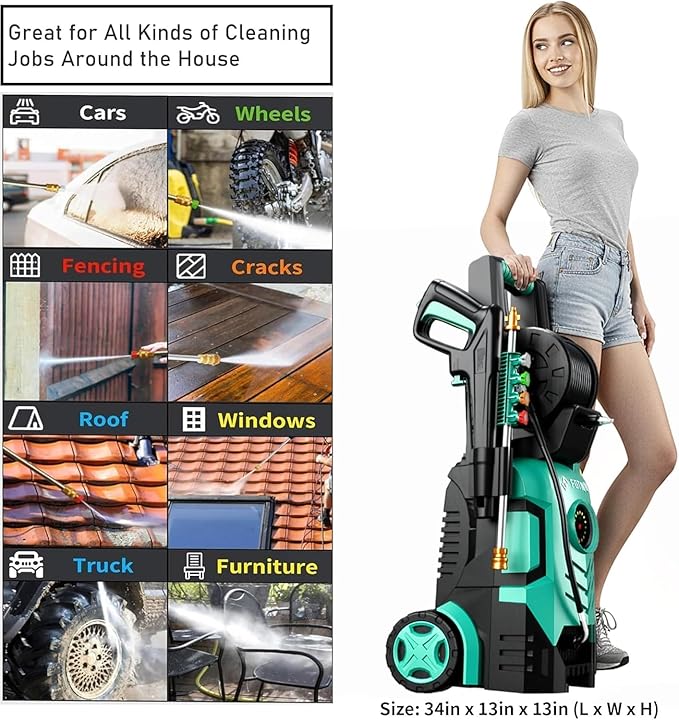 2025Upgraded Pressure Washer 5000PSI with Adjustable Touch Screen 8 Level, 34" Tall, 4 Quick Connect Nozzles,Inlet Hose&Filter&500mlFoam Cannon for Cars/Fences/Driveways/Home Cleaning,Green