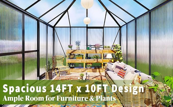 14x9.7x10 FT Polycarbonate Greenhouses for Outdoors, Large Winter Greenhouse Sunroom with 2 Adjustable Windows &Sliding Door, Walk-in Design with Aluminum Frame for Patio, Garden