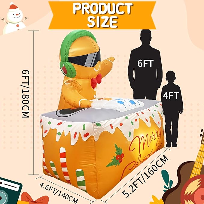 OurWarm 6FT Christmas Inflatable Outdoor Decoration, DJ Gingerbread Inflatable Christmas Decorations with LED Lights, Xmas Blow Ups for Outdoor Indoor Lawn Garden Yard
